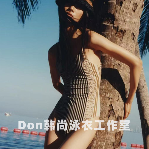 西班牙度假loe新款老钱风高端度假条纹简约连体泳衣名媛度假拍照