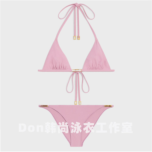 可爱甜心粉色比基尼2024新款金属链接凯旋门泳衣高端定制名媛拍照