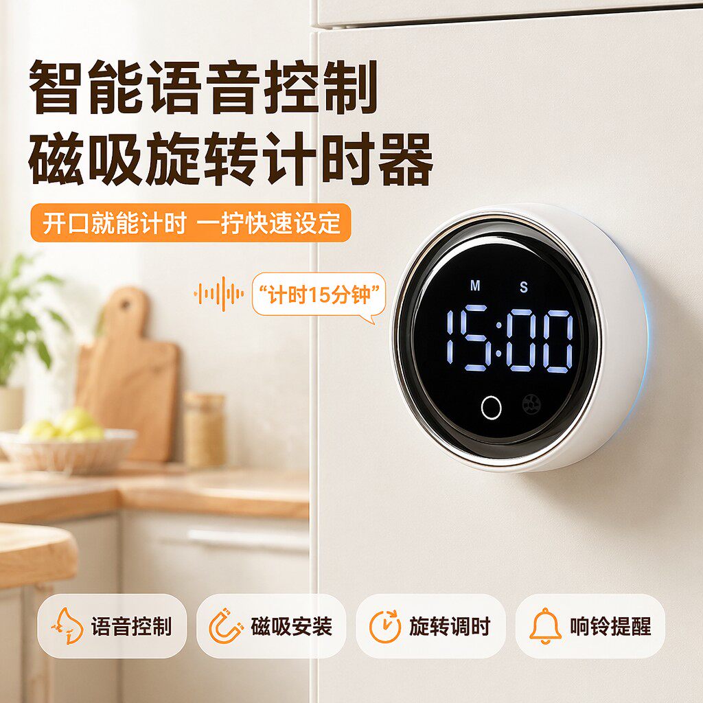 【原创】智能语音磁吸计时器旋转学生定时自律闹钟厨房做饭提醒器