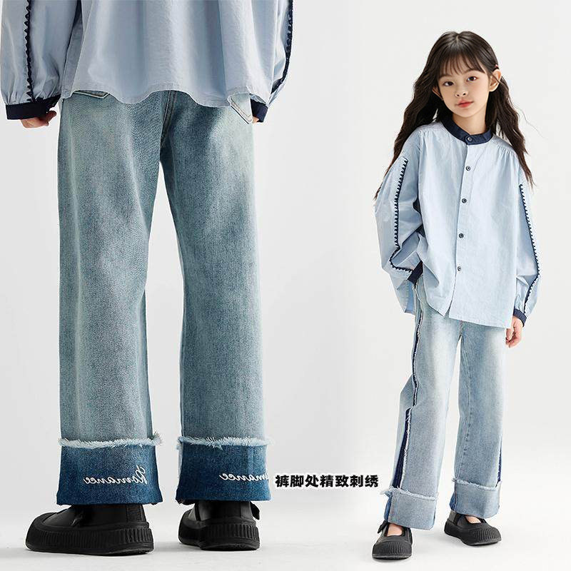 女童撞色直筒宽松牛仔裤春秋款