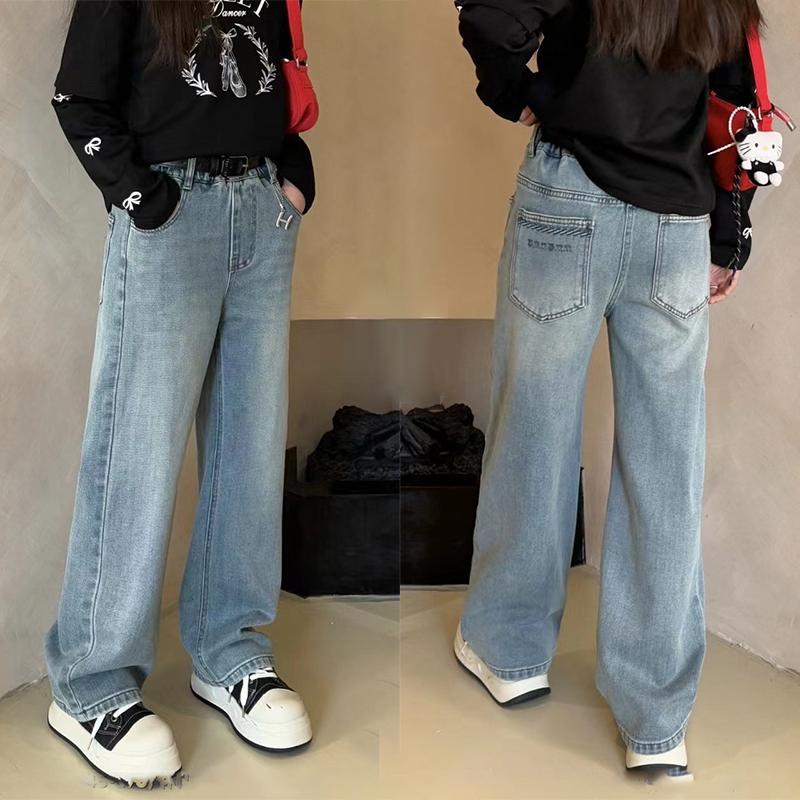 女童窄版直筒牛仔裤春秋款新款儿童洋气时髦阔腿裤小女孩宽松长裤