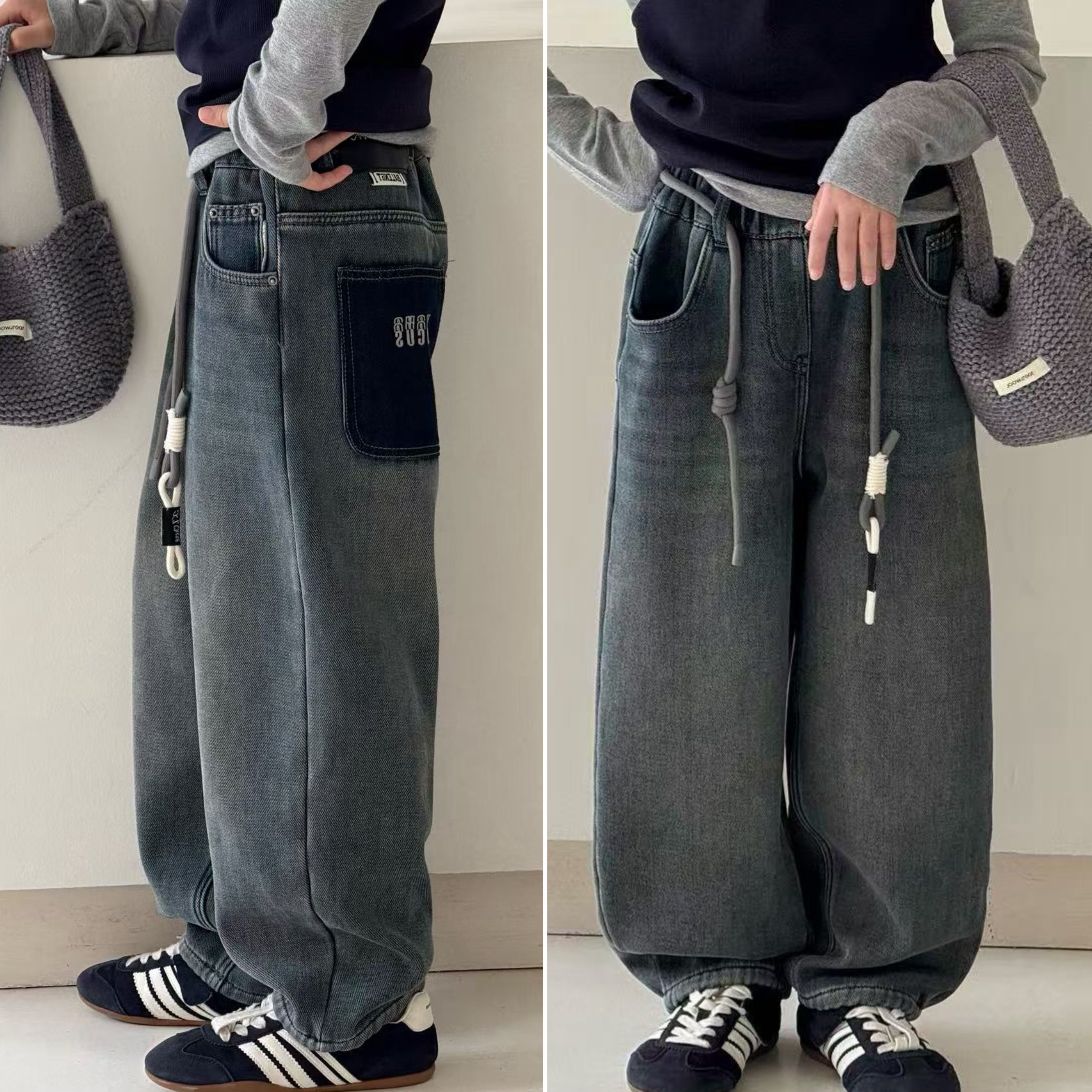 男女童加绒直筒牛仔裤简约