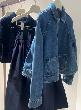 复古牛仔外套女童长袖翻领夹克宽松百搭蓝色上衣2026春季新小个子