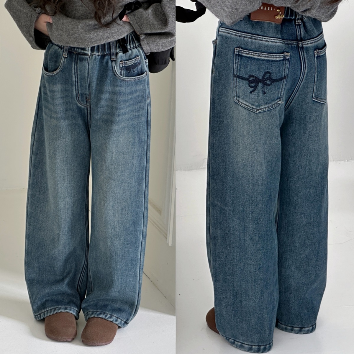 女童加绒直筒牛仔裤中大童秋冬