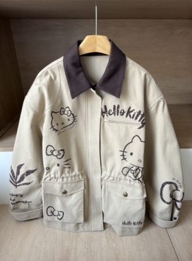 女童HelloKitty工装外套26秋装新款复古巴恩风涂鸦抽绳上衣小个子