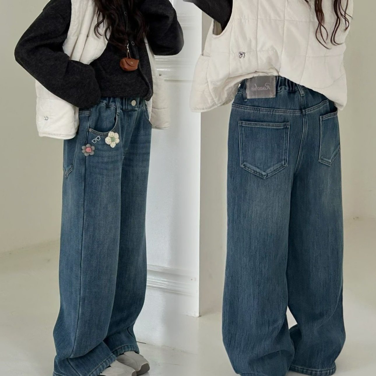 女童直筒牛仔裤童装秋冬宽松韩版蓝色花朵加绒阔腿休闲洋气百搭潮,童装/婴儿装/亲子装,儿童牛仔裤,淘宝优惠券,粉丝福利购,淘宝优惠卷