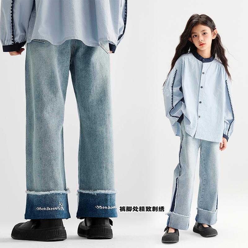 女童撞色直筒宽松牛仔裤春秋款