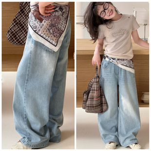 2026春季新款女童丝巾牛仔直筒裤中大童百搭阔腿长裤初中生长裤子