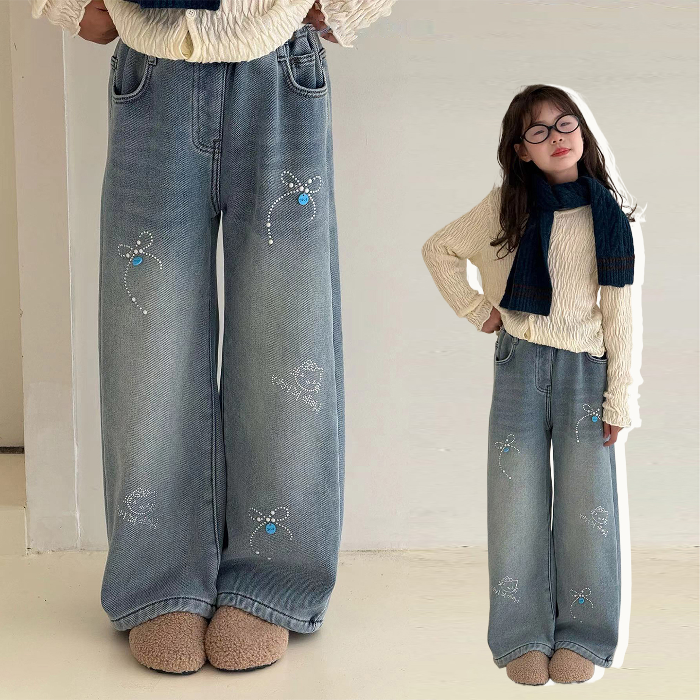 女童蝴蝶结亮钻加绒直筒牛仔裤