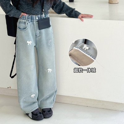 女童加绒裤子一体绒牛仔裤