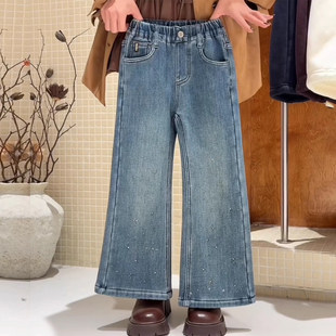 女童冬季加绒烫钻闪亮牛仔裤直筒微喇裤小个子洋气百搭超软休闲裤