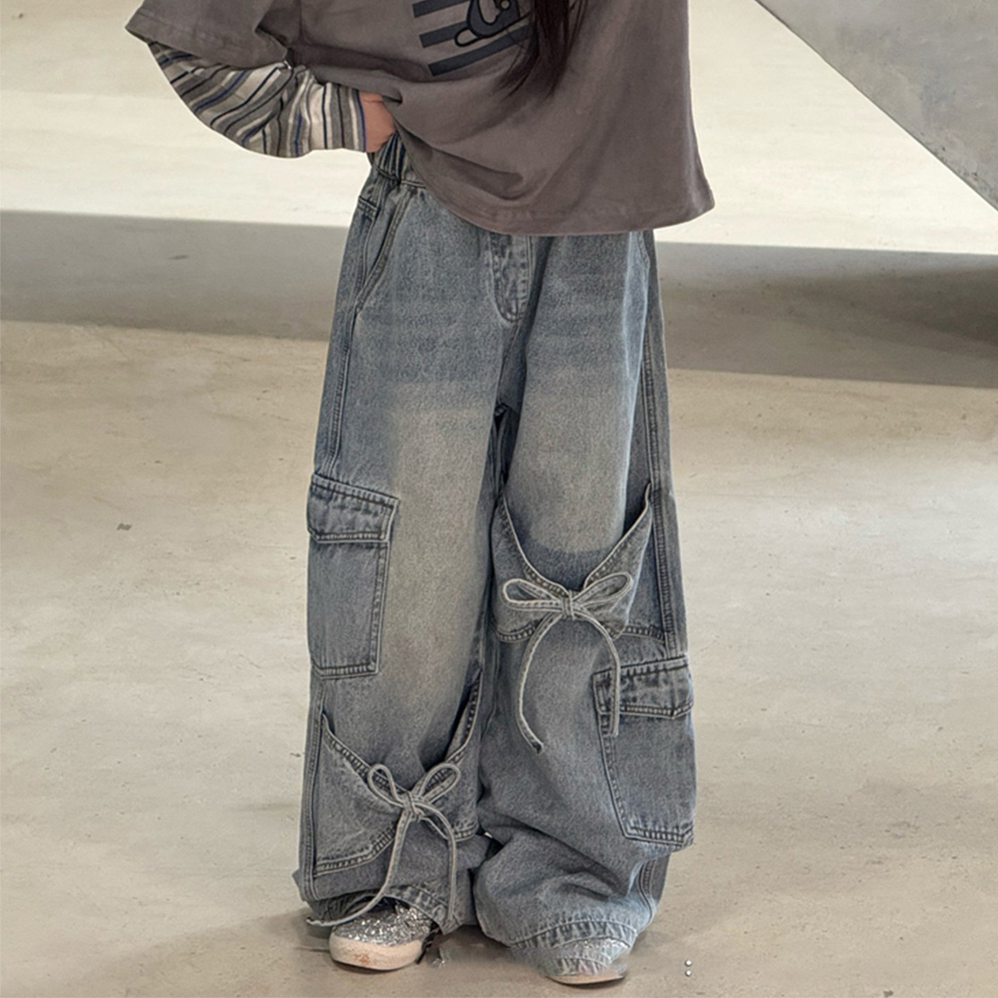 女童蝴蝶结绑带工装牛仔裤