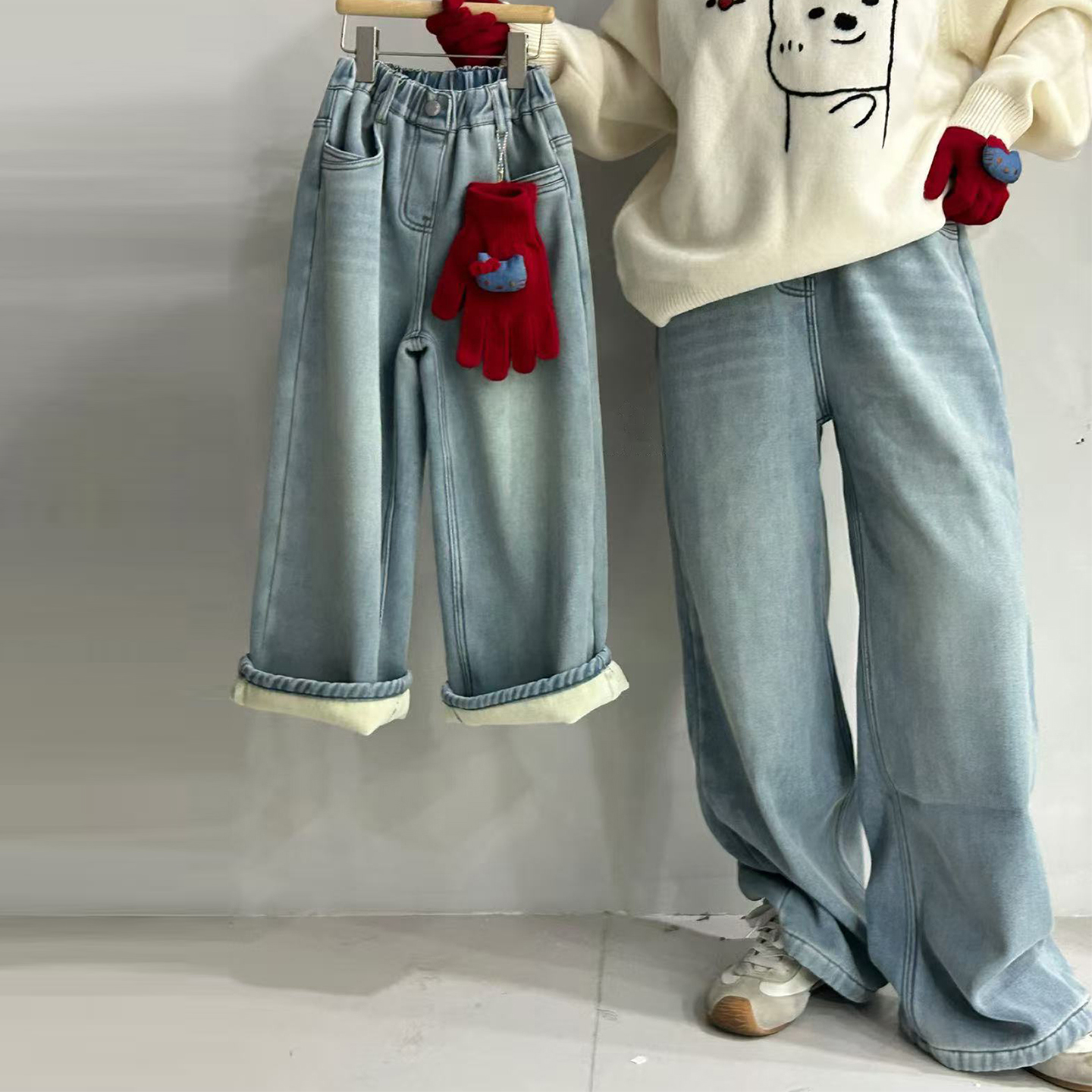 女童一体绒直筒牛仔裤休闲裤