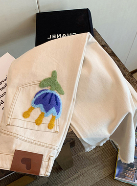 女童花朵刺绣白色阔腿牛仔裤春秋2026新款小众高腰直筒裤子小个子