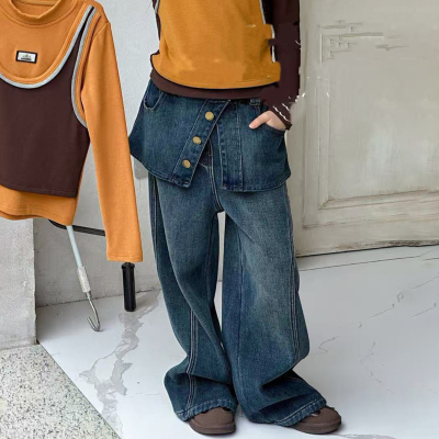 女童一体绒假两件牛仔裤屁帘长裤