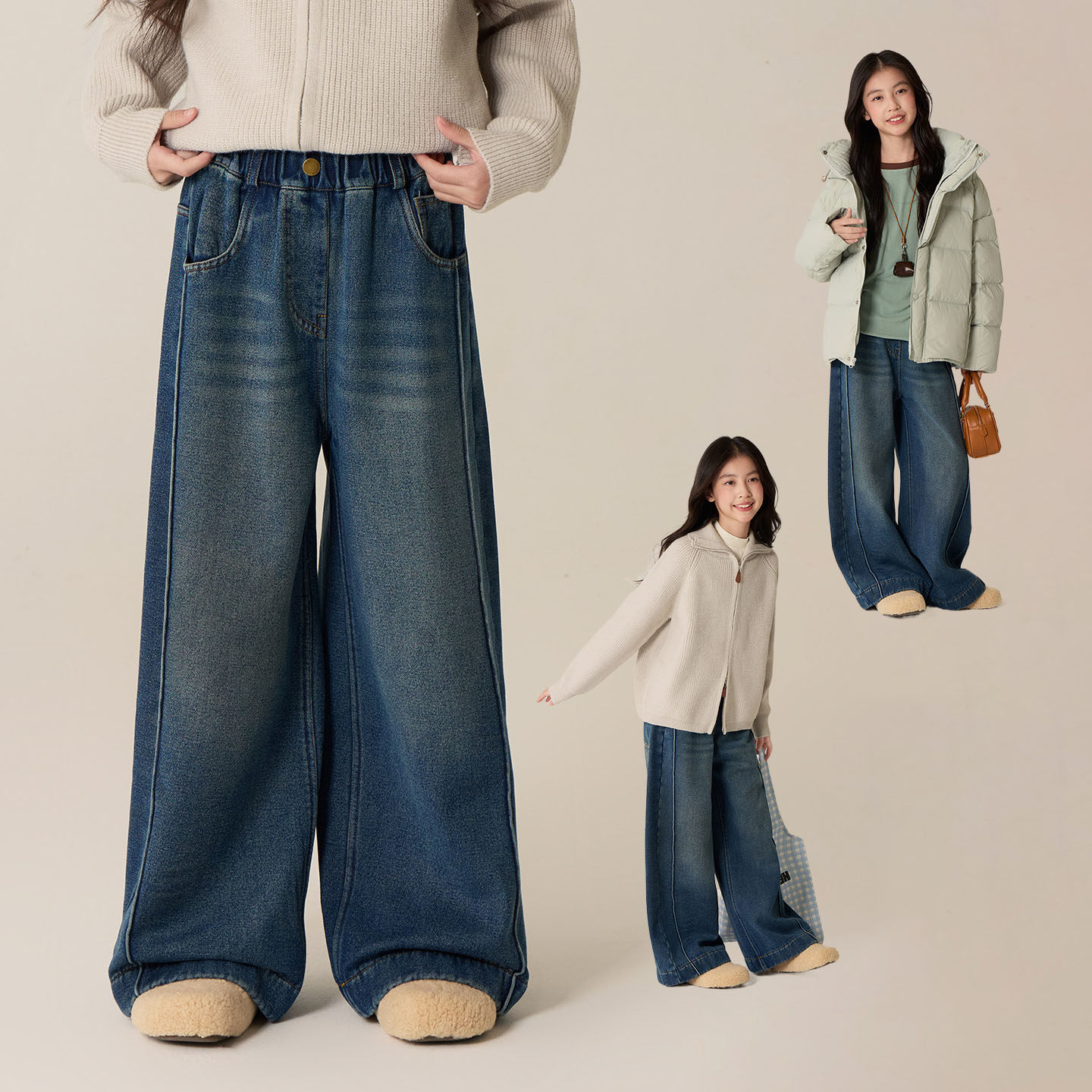 冬装加绒牛仔裤侧拼线直筒裤宽松