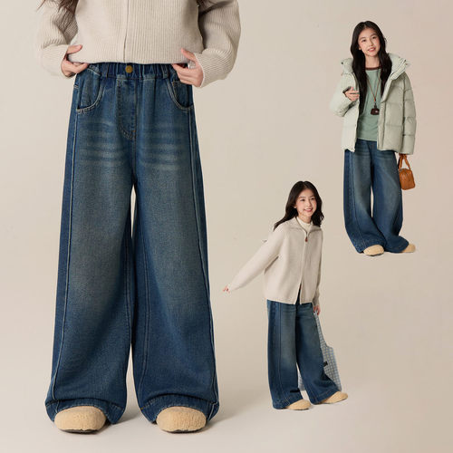 冬装加绒牛仔裤侧拼线直筒裤宽松