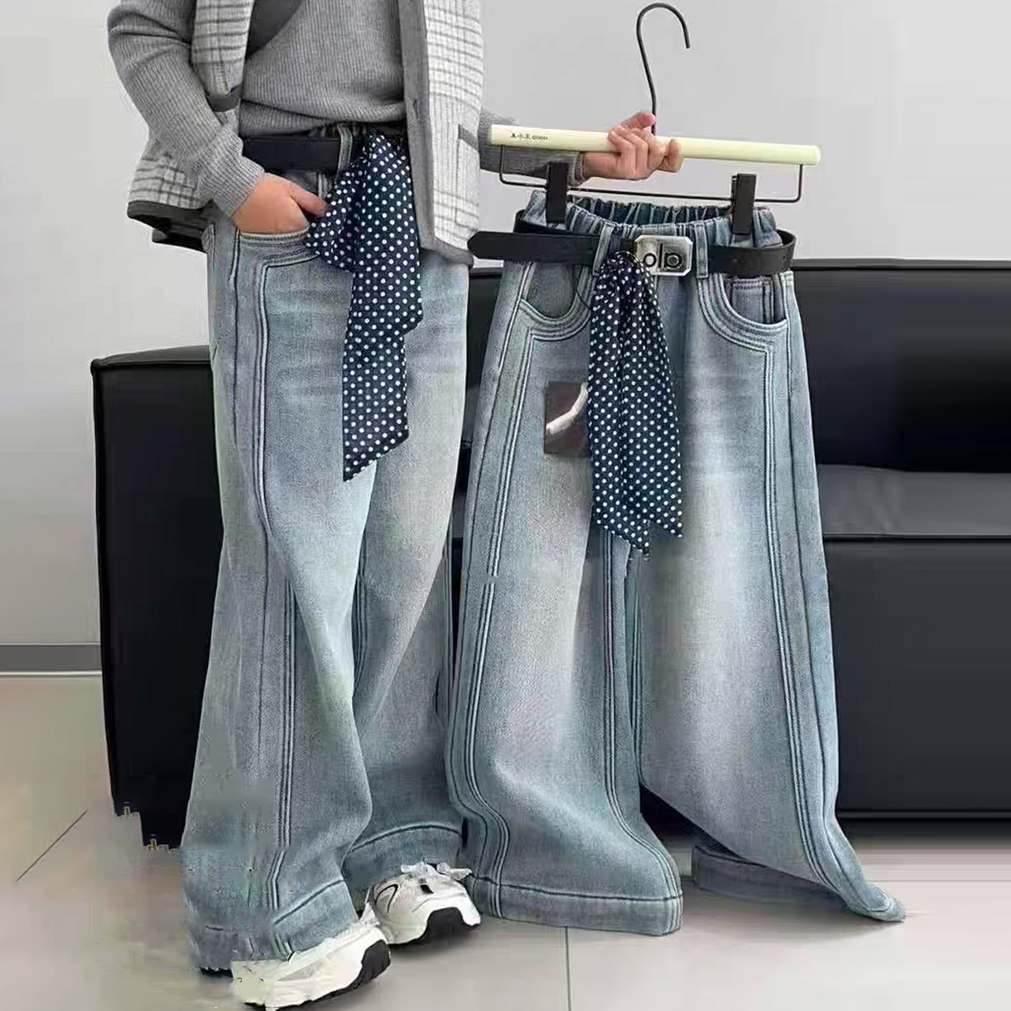 女童加绒直筒牛仔裤一体绒阔腿裤