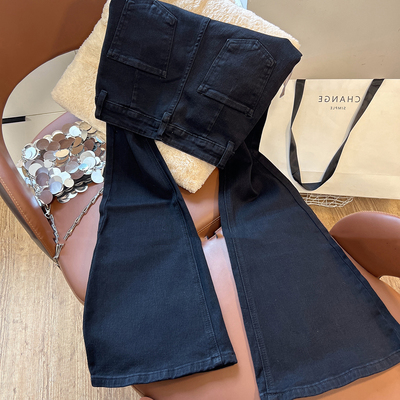 女童秋冬加绒弹力黑色微喇牛仔裤