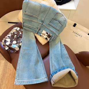 女大童微喇牛仔裤秋冬新款植绒弹力复古喇叭裤小个子显瘦修身长裤