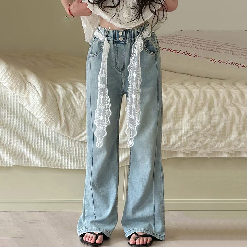 女童薄款喇叭裤春夏2025新款儿童夏装裤子小女孩蕾丝腰带牛仔裤潮