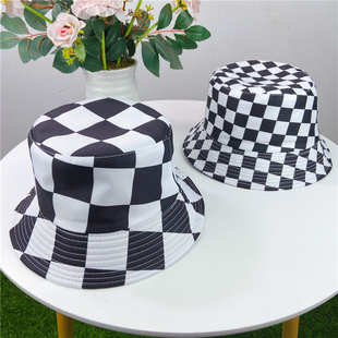 黑白格子棋盘方格渔夫帽女盆帽双面带男女防晒遮阳帽子韩版潮帽子