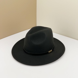 秋冬巴拿马礼帽平檐复古骑士帽男大檐毛呢爵士帽子女法式金属皮带