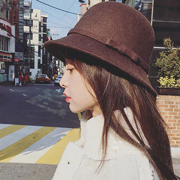 范智乔同款女韩版英伦圆顶爵士礼帽春秋冬复古盆帽蝴蝶结毛呢帽子