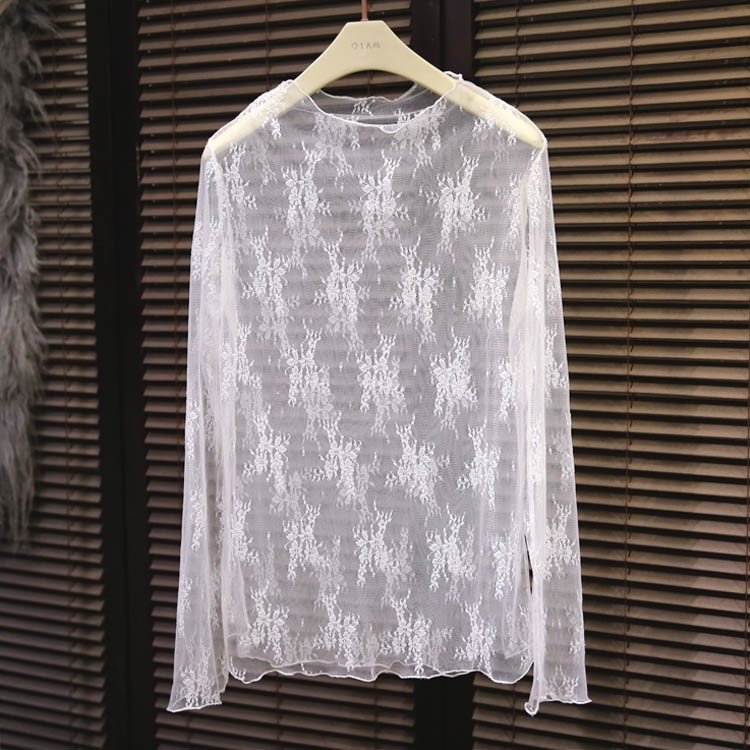 。美素芙时尚春秋性感内搭纱网女长袖打底衫网格透明高领蕾丝打
