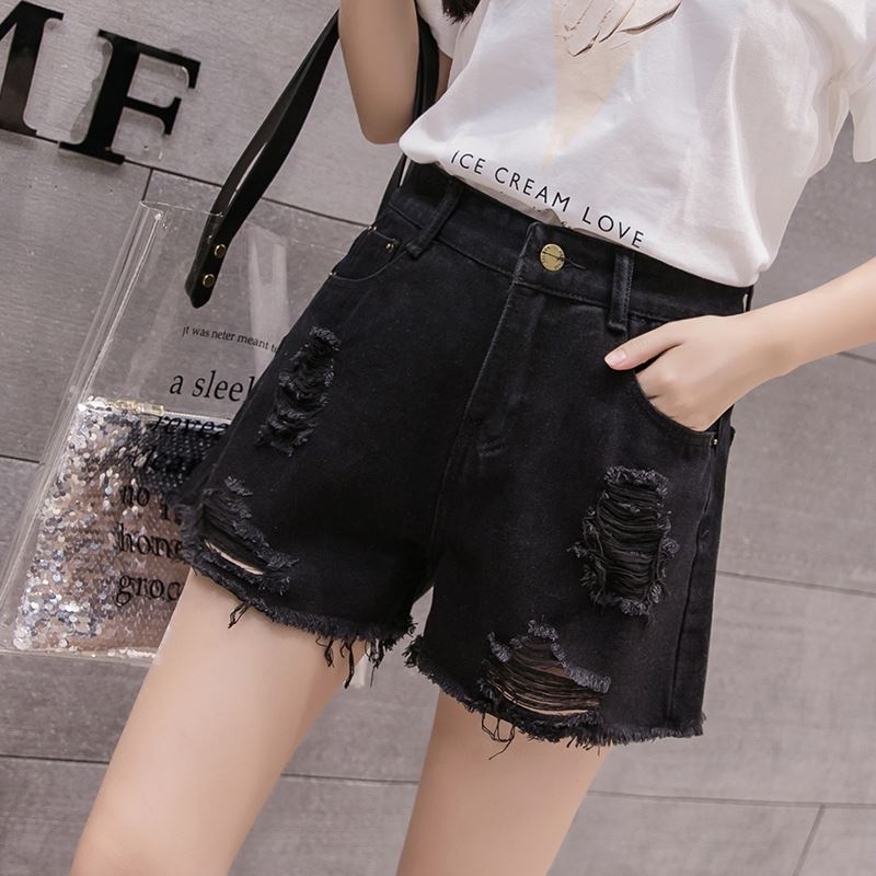 √	美素芙2020新款牛仔短裤女秋季高腰宽松大码显瘦阔腿毛边a字热