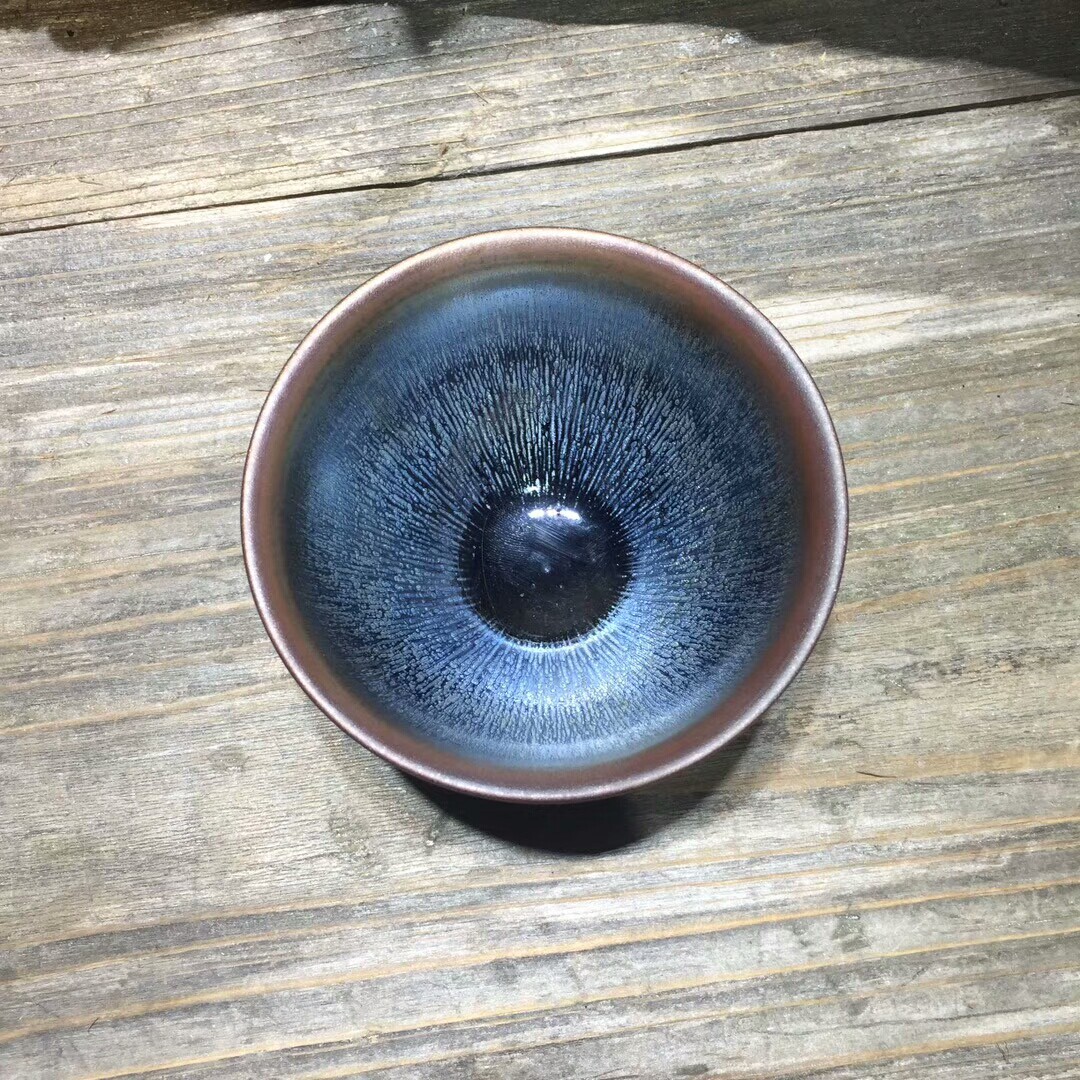 原产地建盏茶具品茗杯陈国文师傅落款银油滴束口兔毫盏礼盒装推荐