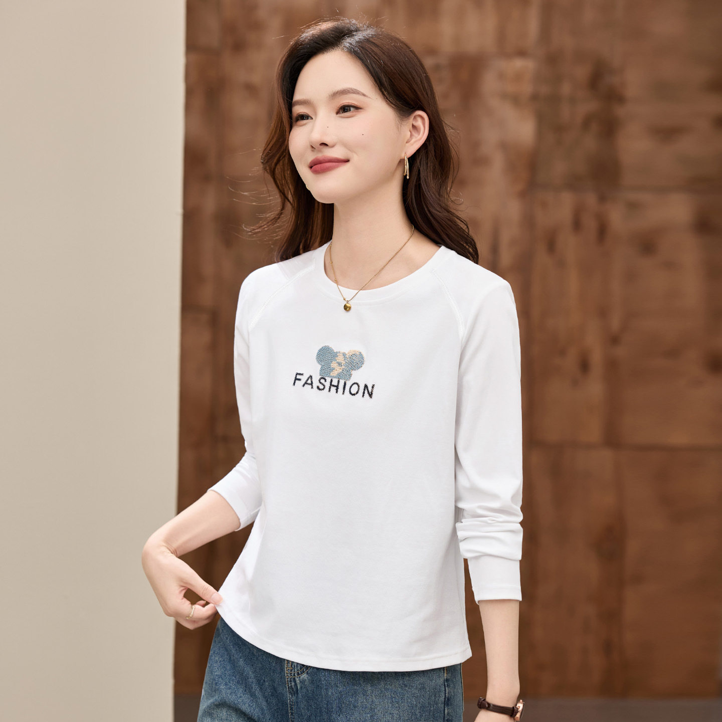 正肩长袖t恤女2025新款早秋T恤