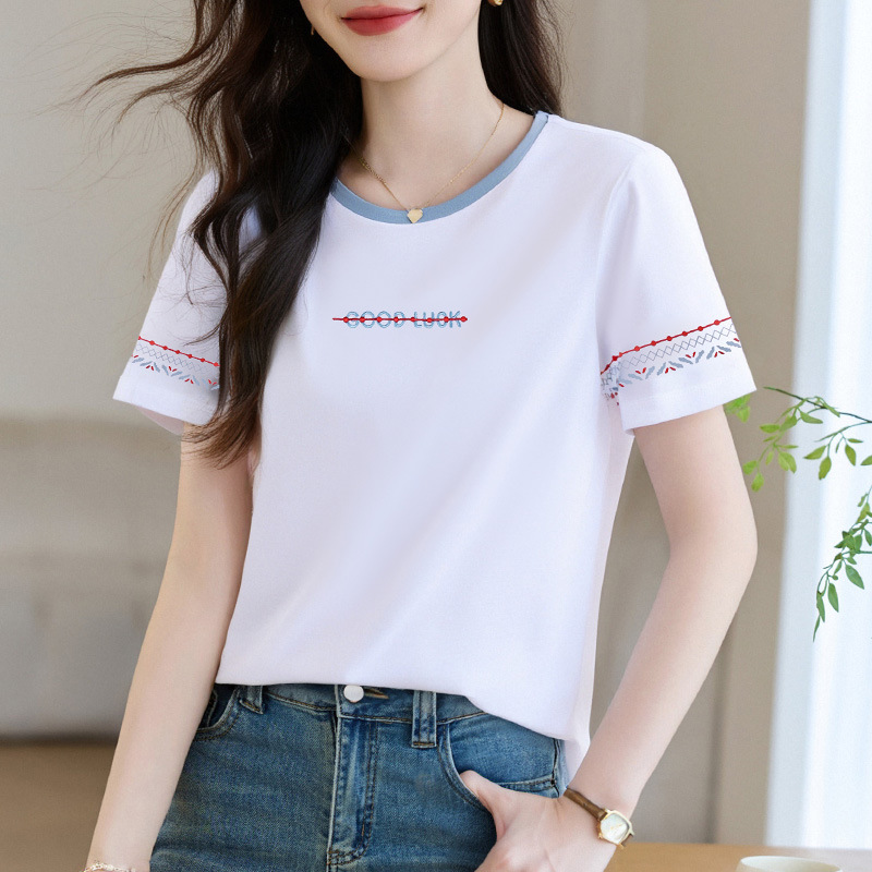 白色正肩短袖t恤女2025新款夏季爆款洋气女装显瘦上衣半袖体恤衫