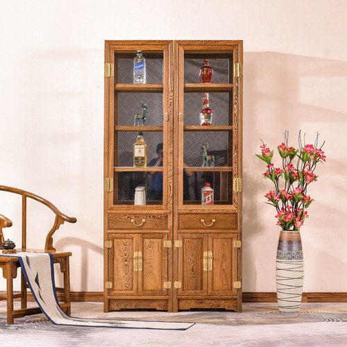 鸡翅木酒柜玻璃门中式实木红木