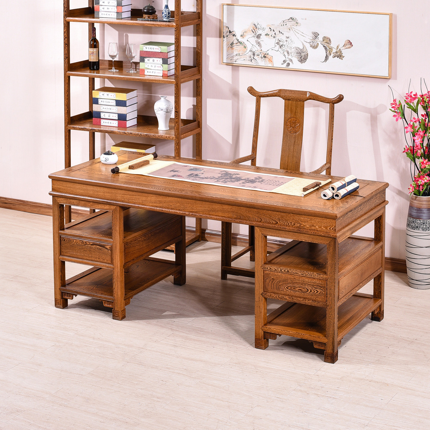 鸡翅木办公桌红木老板桌新中式实木书桌书房原木书法桌仿古写字台