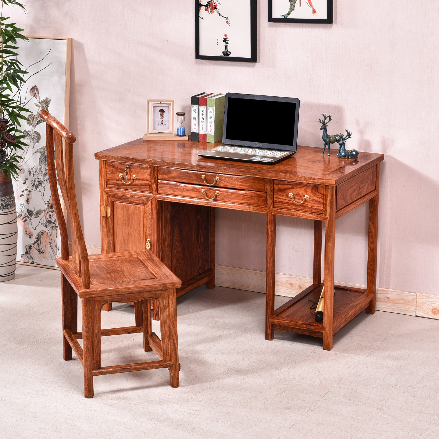 花梨木电脑桌台式机家用新中式实木红木小书桌复古原木书房写字台