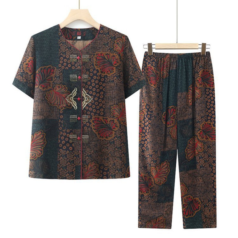 中老年人夏装套装女妈妈短袖棉绸开衫老人衣服奶奶老太太两件套装