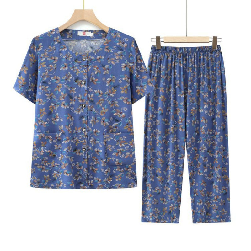 中老年人夏装套装女妈妈短袖棉绸开衫老人衣服奶奶老太太两件套装