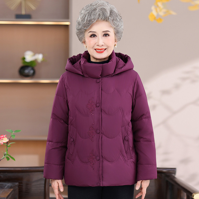 老年人衣服奶奶外套白鸭绒羽绒服连帽加厚女款2025新款70多岁冬装