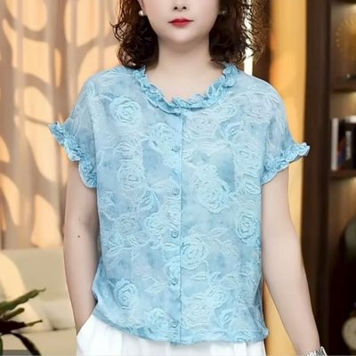 妈妈夏休闲气质显瘦百搭女装衬衫D短袖T恤花边领宽松休闲时尚