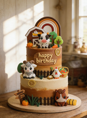 农场系列蛋糕装饰卡通大眼奶牛小马绵羊玩偶摆件田园木屋篱笆插牌