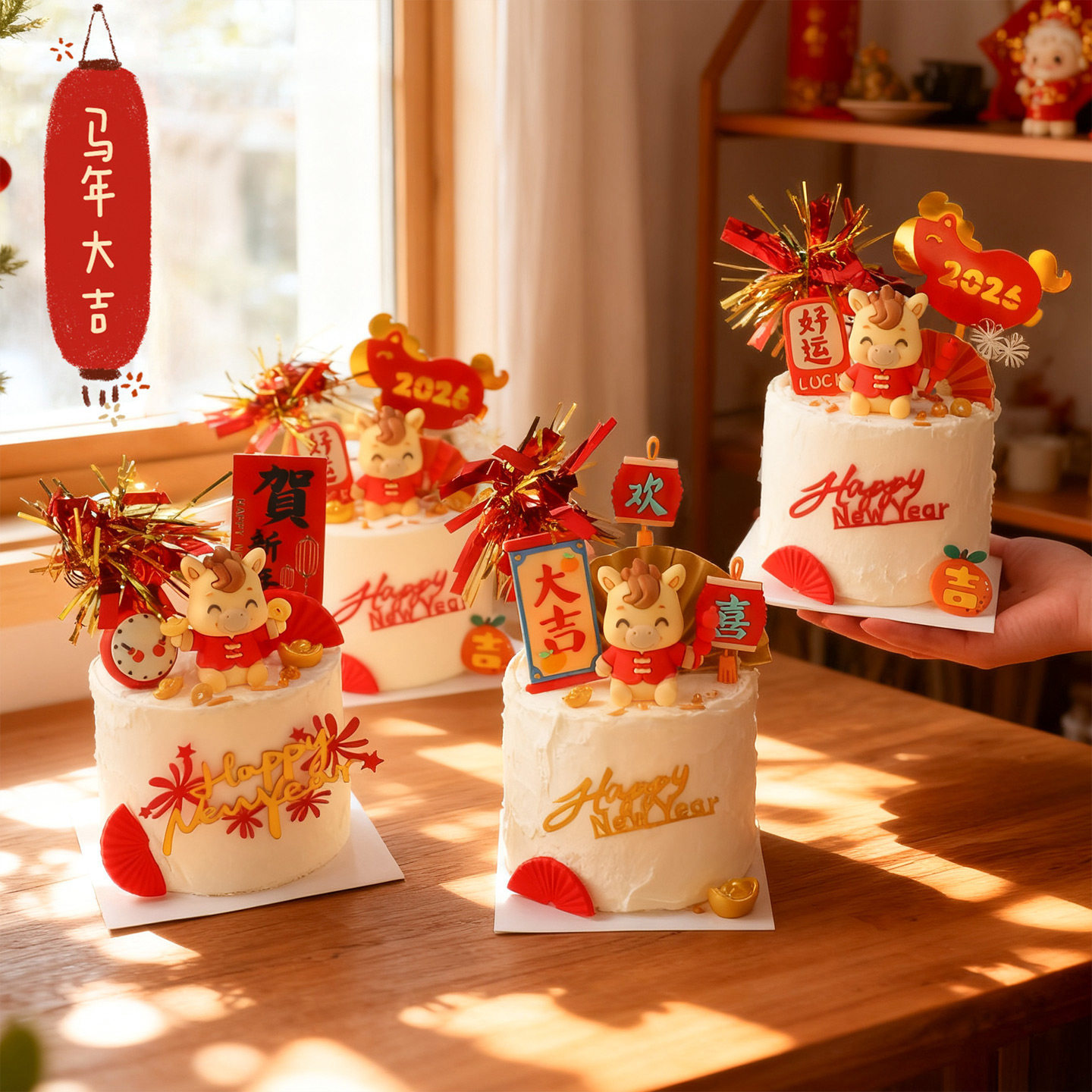 马年新春蛋糕装饰卡通小马玩偶摆件中式春节2026新年扇子插牌,节庆用品/礼品,节日装扮用品,淘宝优惠券,粉丝福利购,淘宝优惠卷
