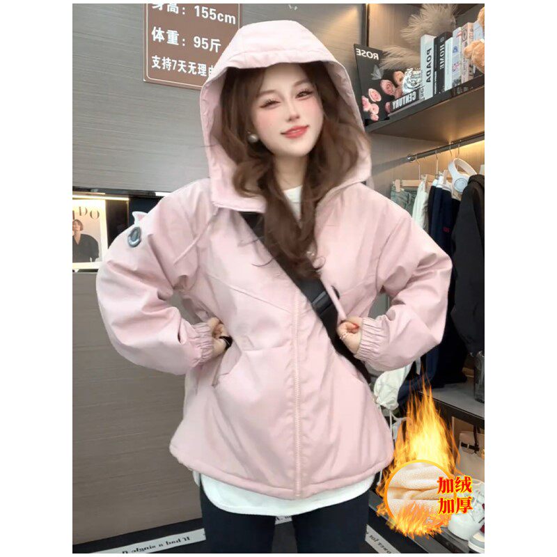 加绒加厚双拉链连帽冲锋衣外套女2025冬季新款百搭小个子棉服上衣