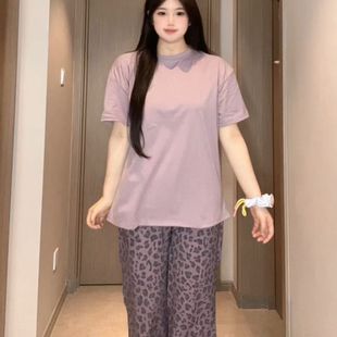 短袖 时尚 胖mm特大码 圆领睡衣女夏季 300斤潮 豹纹长裤 家居服宽松2