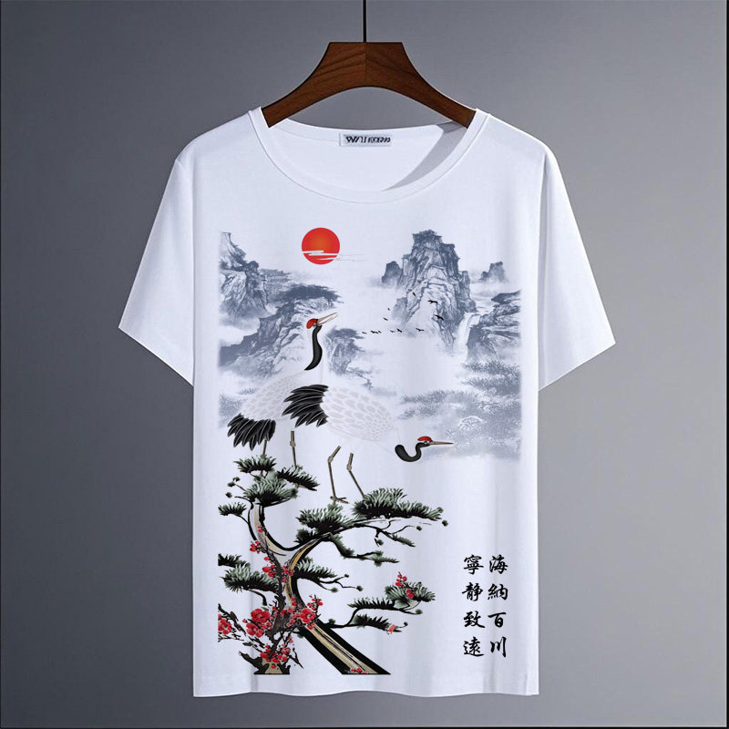 新品仙鹤印花短袖T恤男女同款