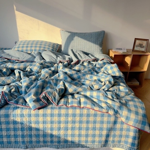 全棉水洗棉格子床盖三件套纯棉加厚夹棉床单同款 多功能被套夏凉被