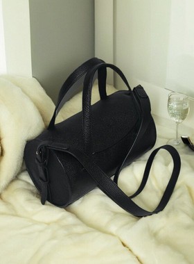 ACNC LEGEND粒面头层牛皮鼓形女士单肩包旅行袋复古水桶手提包黑