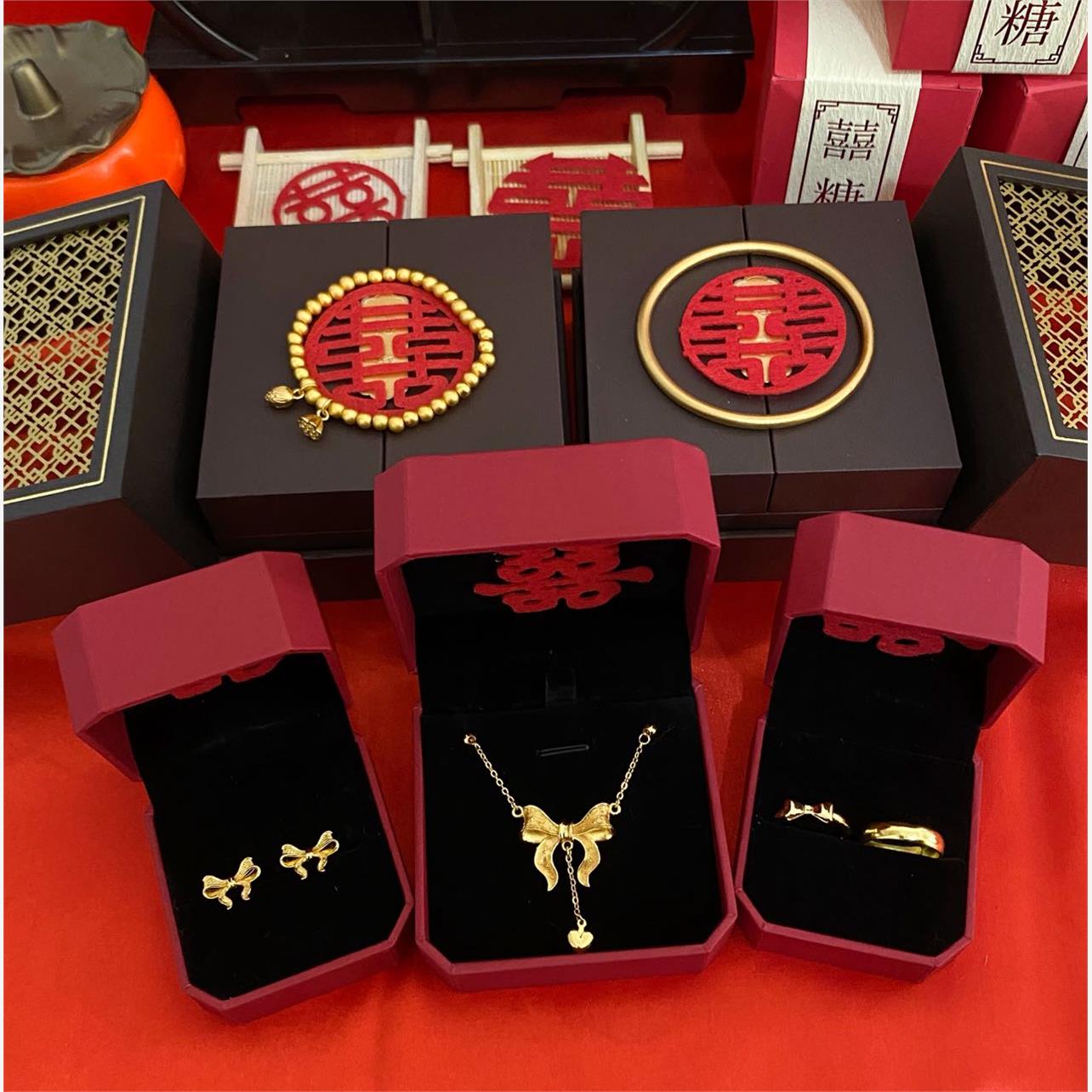 婚礼摆台订婚假三金五金首饰一套摆件结婚彷真三金古法传承女富裕