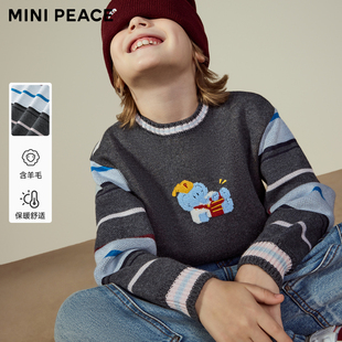 MINIPEACE太平鸟童装秋冬男童毛衣条纹插肩袖可爱小象打底针织衫