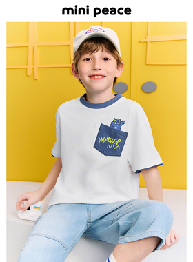 [遮热抑菌]MINIPEACE太平鸟童装男童短袖T恤拼接牛仔口袋儿童夏装
